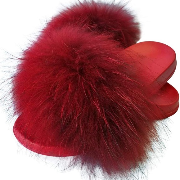 NEW Adorable Red Wine Fur Sandal Slippers - Picture 1 of 2